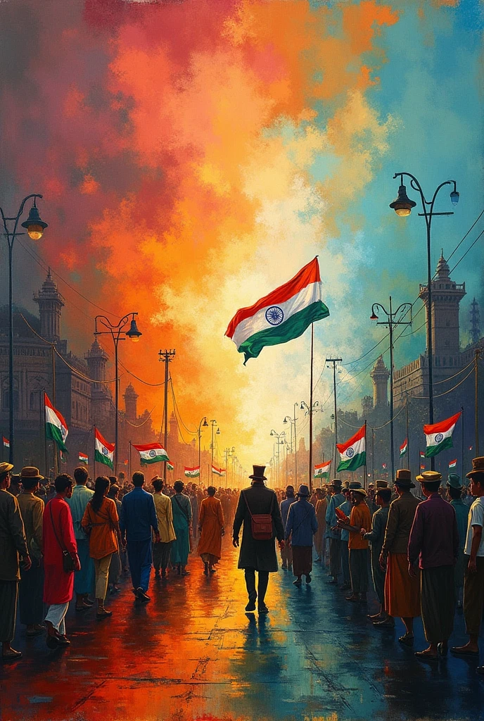Consider creating a mural that depicts a journey from colonial rule to independence. Start with dark, subdued colors on one side representing the struggle and oppression, and gradually transition to bright, vibrant hues on the other side symbolizing freedom and progress. Incorporate key moments and symbols from India's independence movement, such as the Dandi March, the Indian flag, and the iconic phrase "Satyagraha." This visual narrative can powerfully convey the transformative journey of the nation.
