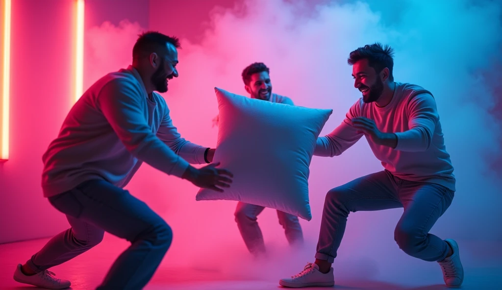 Three guys playing a game in neon room one guy with closed eye with clothe and pillow in his hand he will catch the another two guys. Pillow fight but only one pillow