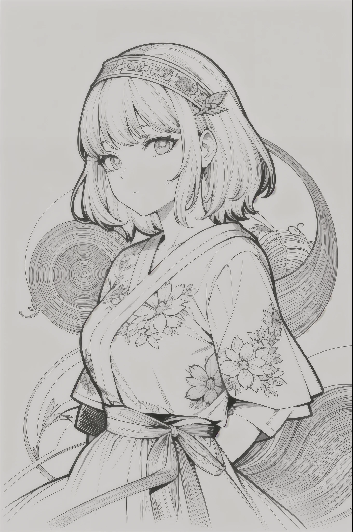 A masterpiece, top quality, a girl, beautiful facial features, short hair, white floral dress, Korean model pose, simple large hair accessory, simple temple wall in the background, monochrome, line drawing, a simple mountain with a river flowing through it.