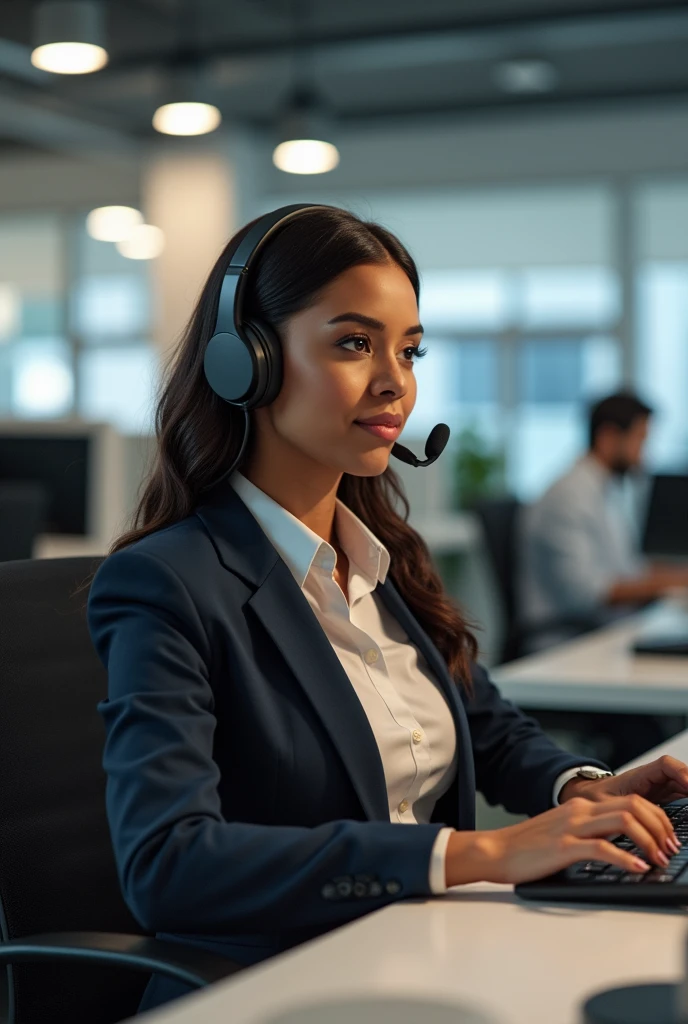 A brown woman working at O&#39; Boticario, as telemarketing in this job requires JOB SAFETY QUALITY, BUSINESS HEALTH AND SAFETY FACILITIES.