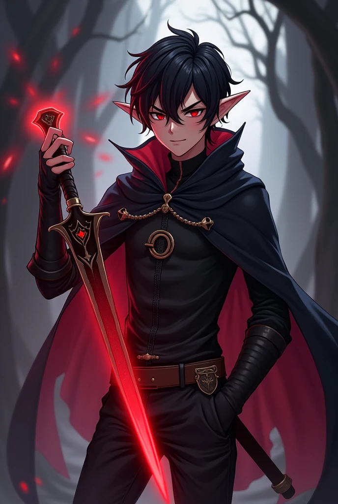 Generate an anime-style character with shadow powers, Youngh, naughty man, wears a cape and a dagger with a red aura, dark eyes, has a physique with shape, He has , and he is Half-Elf, Human Elf, with small elf ears, with red highlights in her hair, male character, with a male medieval clothing style, He has o poder das sombras( show this), he can summon shadows(show this)