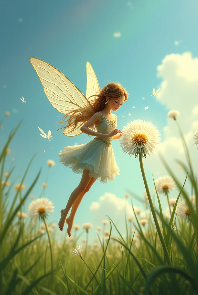A delicate fairy, no larger than a hummingbird, floating gracefully in the air. She has translucent wings that seem to be made of the finest gossamer, shimmering with an ethereal light that casts a soft glow on her surroundings. Her attire is a simple yet enchanting dress woven from the purest strands of spider silk, adorned with dewdrop jewels that reflect the vibrant colors of a nearby rainbow. The fairy's hair is a wild tapestry of autumnal hues, fluttering gently in the breeze as she focuses her attention on a dandelion flower. With her slender, nimble fingers, she grasps the stem of the dandelion with surprising firmness, her eyes sparkling with delight as she gazes at the delicate white petals that frame the golden center. The dandelion itself appears to be the largest of its kind, almost the size of a dinner plate, allowing her to hold on to it comfortably. The scene is set in a lush meadow, where the vivid green grass stretches out to meet the horizon, dotted with a multitude of other flowers in full bloom. The sky above is a serene tapestry of blue, with feathery clouds lazily drifting by, adding a sense of peace and tranquility to the scene. As the fairy hovers, her tiny feet barely graze the tops of the blades of grass, creating a gentle ripple that spreads outwards. The overall effect is one of whimsy and wonder, inviting the viewer into a secret garden where the boundaries between reality and imagination blur, and the magic of nature reigns supreme.