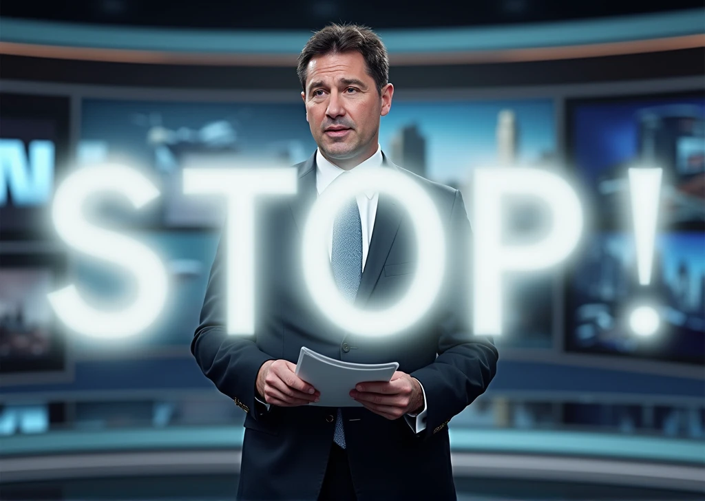 [un giornalista del telegiornale in giacca e cravatta mentre legge le notizie sulla guerra da un foglio, con alle sue spalle le immagini relative]. [(Suspended in the air between scene and the viewer, a translucent, almost ghostly black message reads exactly: "STOP!". The text appears as if it's floating, blurred at the edges, with the letters formed from a faint mist or white smoke that lingers in the space. The smoky words are readable, though not overly bright, hovering just in front of his gaze, creating a surreal yet powerful effect. Text exactly says: "STOP!". They seem to be written in chalk. The text says: "STOP!". semi-transparent text that reads 'STOP!' in a dramatic, bold font. The text almost acts as a title, floating in the air, partially obscuring the scene but enhancing the overall tension and urgency of the moment)]