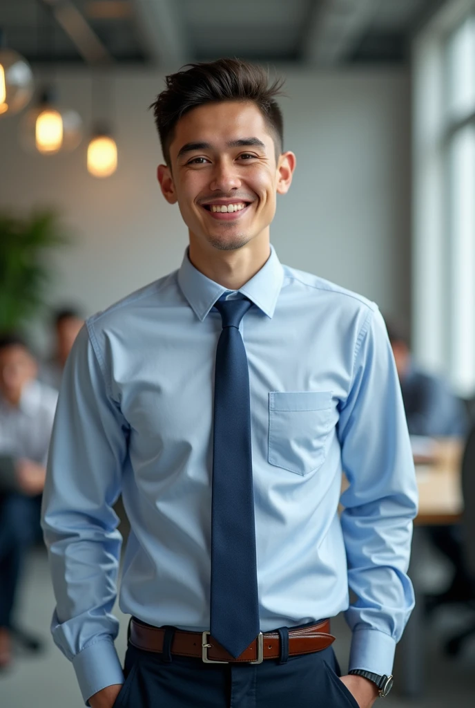 Boy in his 20s, an electrical engineering intern, smiling and wearing formal clothing