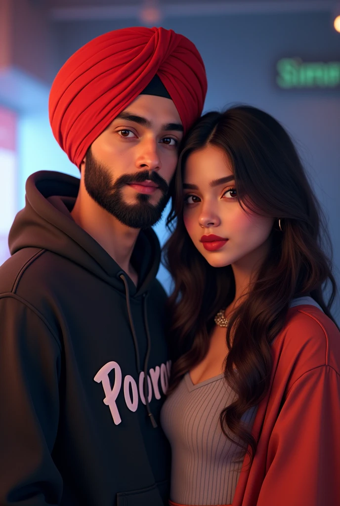 a18 years punjabi boy sir pe lal coolar ki turban pero me jute black coolar ke or hoodie pehan ke rakhi ho or hoodie pe name likha ho poorav ek pass me punjabi girl khadi ho hath pakad kr goldan tempal,backgruand kbord pe name likha ho ,poorav and or The name of two people is written in the back of the Bod.in poorav and simran, me bethe ho dono girl and boy
