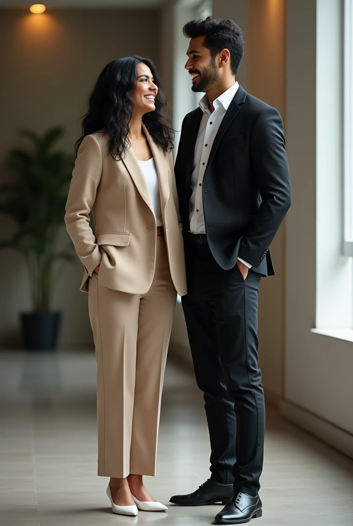 A successful 20 year old Indian female with white skin complexion, wavy shoulder length black hair wearing a beige blazer and white heels, laughing with her handsome 20 year old boyfriend with white skin complexion, silky short black hair, 8 inches taller than her wearing a black colour blazer and black formal shoes