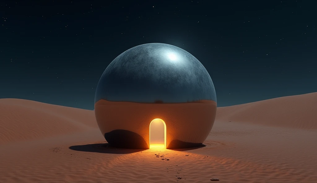 a massive mirror smooth sphere rest on the desert floor at night. a small oval door is open at the bottom, spilling light onto the sand photo realistic