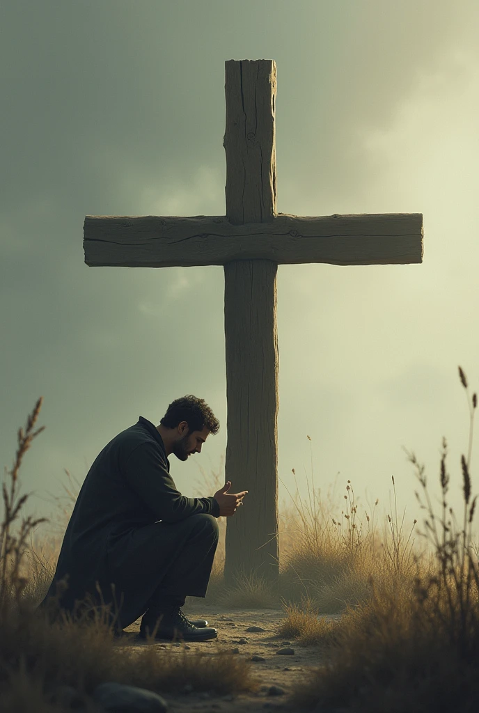 a man is kneeling, head down, in front of a sturdy wooden cross. It is located in a simple and sober environment., with a soft light illuminating the scene