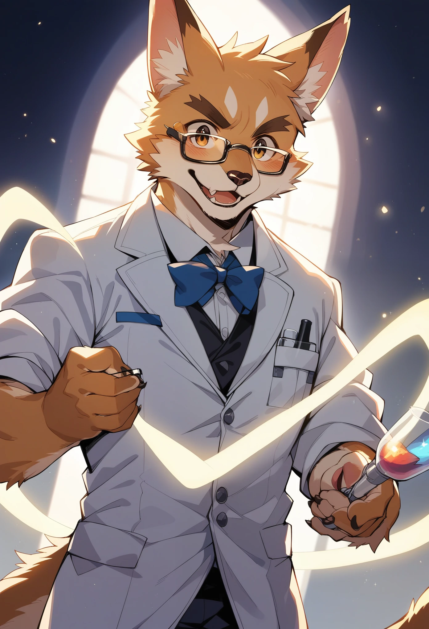 rating_safe, score_9, score_8_up, score_7_up, score_6_up, score_5_up, score_4_up, hires, highres, source_furry, cover page(kemono, furry anthro, angelic handsome 1boy, Smiling embarrassedly, glasses)Handouts, college professor, Lab of a crazy scientist, A dausy chemical that shines, white board, Beautiful lights and shadows, Ambient light, Volumetric lighting, Dynamic configuration, Highly detailed and colorful details, luminous lighting, Atmospheric lighting, dream magical, magic, Glowing light,