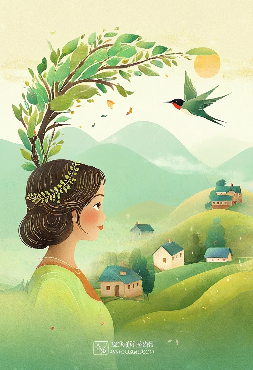 Digital Illustration Art, (Whimsical illustration of a ***********'s head adorned with a lot of houses, trees, roots, swallows) with green trees and hills in the background, flanking, evoking the charm of a charming countryside landscape. The background blends with the ***********'s hair and radiates serenity, creating a harmonious composition that captures the beauty of nature, white background, Chinese calligraphy whin brush lines, vivid Ferdinand du Puigaudeau, Victor nizovtsev, vintage tones, shimmering, luminescent, reflections, best number, 8K, HD, High Resolution.double exposure，illustration，Beautiful digital illustration, 