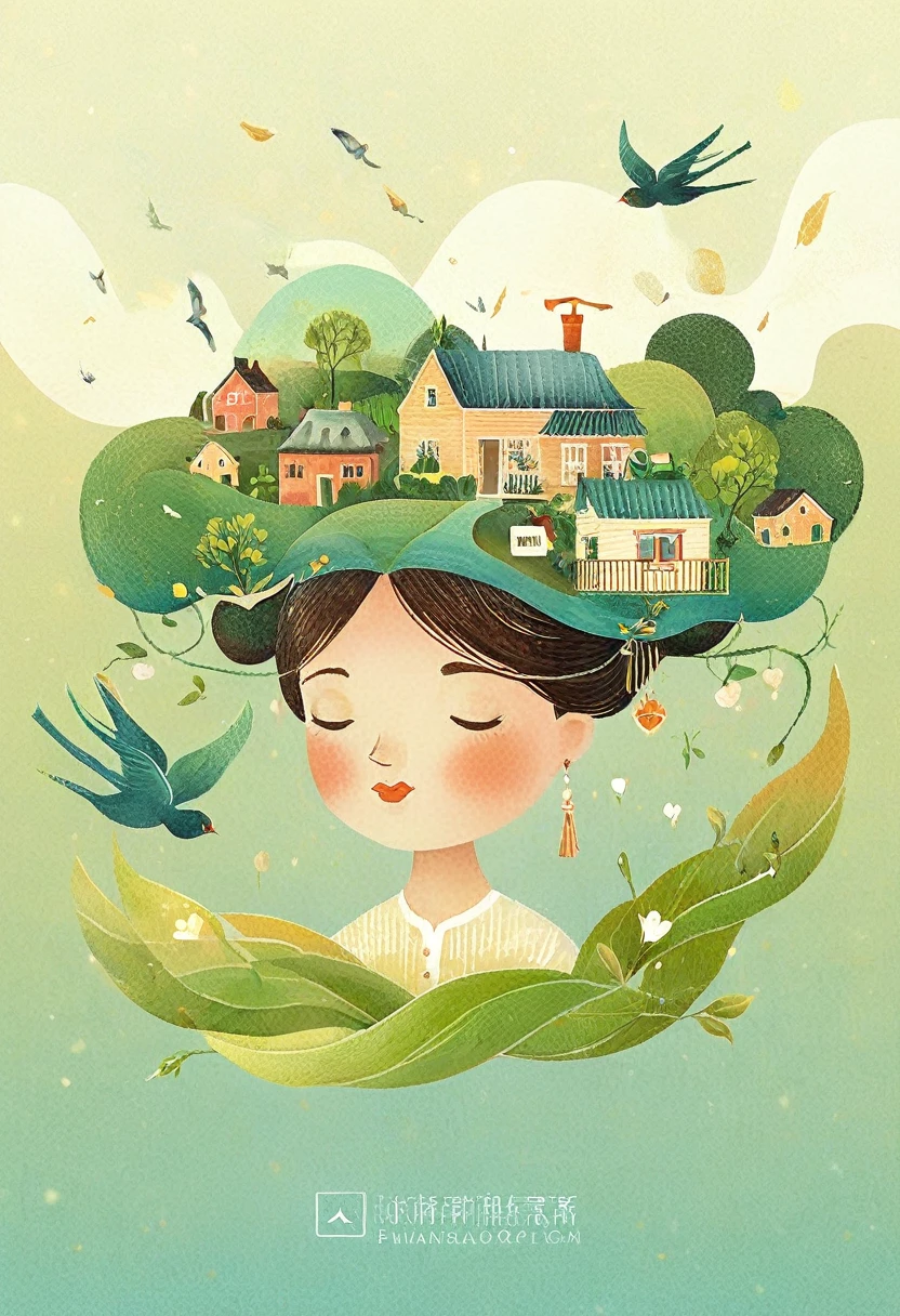 Digital Illustration Art, (Whimsical illustration of a  girl's head adorned with a lot of houses, trees, roots, swallows) with green trees and hills in the background, flanking, evoking the charm of a charming countryside landscape. The background blends with the littles hair and radiates serenity, creating a harmonious composition that captures the beauty of nature, white background, Chinese calligraphy whin brush lines, vivid Ferdinand du Puigaudeau, Victor nizovtsev, vintage tones, shimmering, luminescent, reflections, best number, 8K, HD, High Resolution.double exposure，illustration，Beautiful digital illustration, 