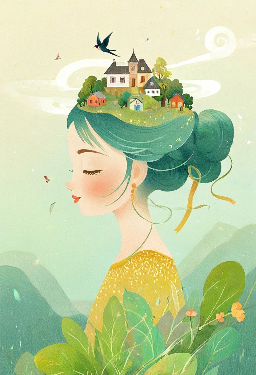 Digital Illustration Art, (Whimsical illustration of a ***********'s head adorned with a lot of houses, trees, roots, swallows) with green trees and hills in the background, flanking, evoking the charm of a charming countryside landscape. The background blends with the ***********'s hair and radiates serenity, creating a harmonious composition that captures the beauty of nature, white background, Chinese calligraphy whin brush lines, vivid Ferdinand du Puigaudeau, Victor nizovtsev, vintage tones, shimmering, luminescent, reflections, best number, 8K, HD, High Resolution.double exposure，illustration，Beautiful digital illustration, 