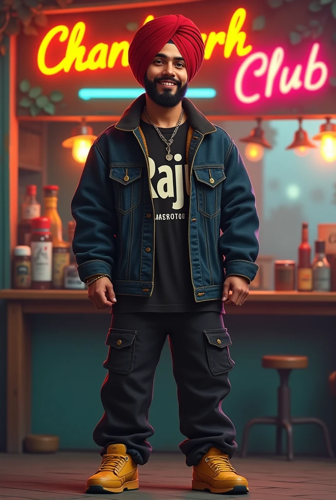 A 19 years punjabi young modern ager
REALISTIC ,slow beard ,wear a red turban,at the tea stall punjab and on writing bold name is"RAJU" , YELLOW SHOES ,DENIM BLACK JACKET ,FACE HIGH DETAILS,NECK IN "L" WORD LOCKET , BACKGROUND IN WRITE"CHANDIGARH CLUB , BACKGROUND COLOURFULL,SLOW SMILE, ATTRACTIVE SMILE,