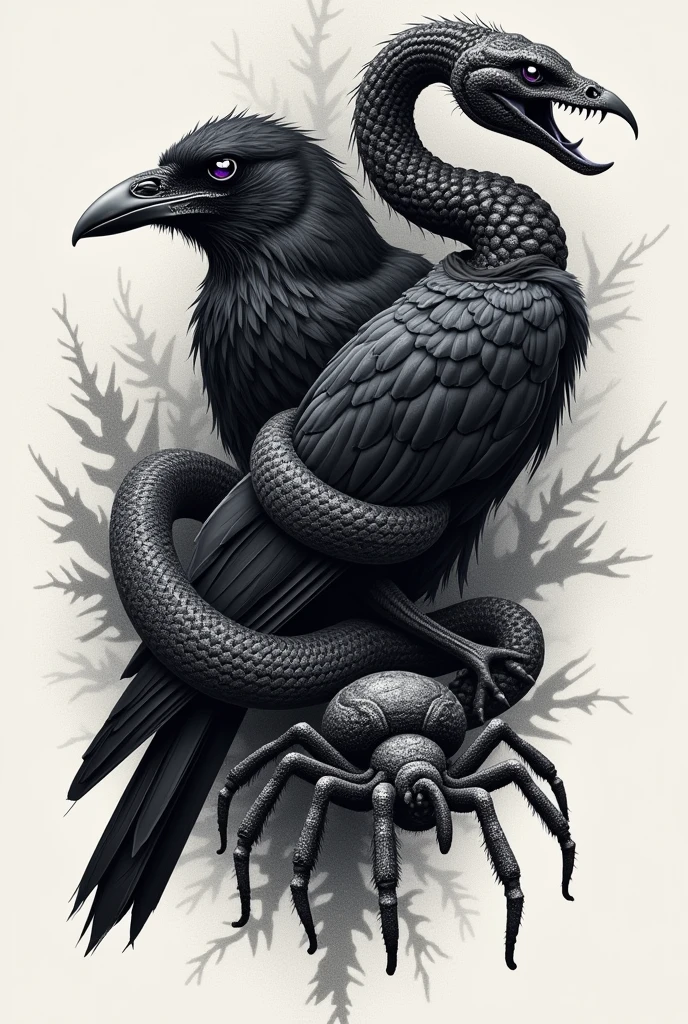 tattoo a crow, a snake and tarantula, Black with grey details, Heterochromatic gray eyes with purple half. that doesn't have so many details and they look good together