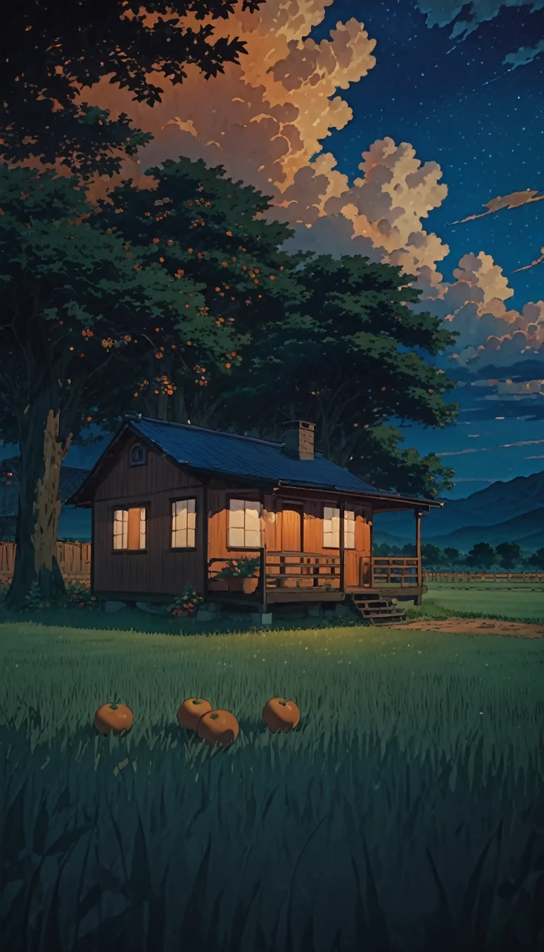 Masterpiece 8k Studio ghibli cozy cabinMasterpiece 8k Studio ghibli cozy cabin in the distance, in the middle of a field under a tree with orange fruits. A serene landscape of a grass field under a serene sky with blue clouds. shadow, serene night natural light lighting!!!!! 8khdr!!!!