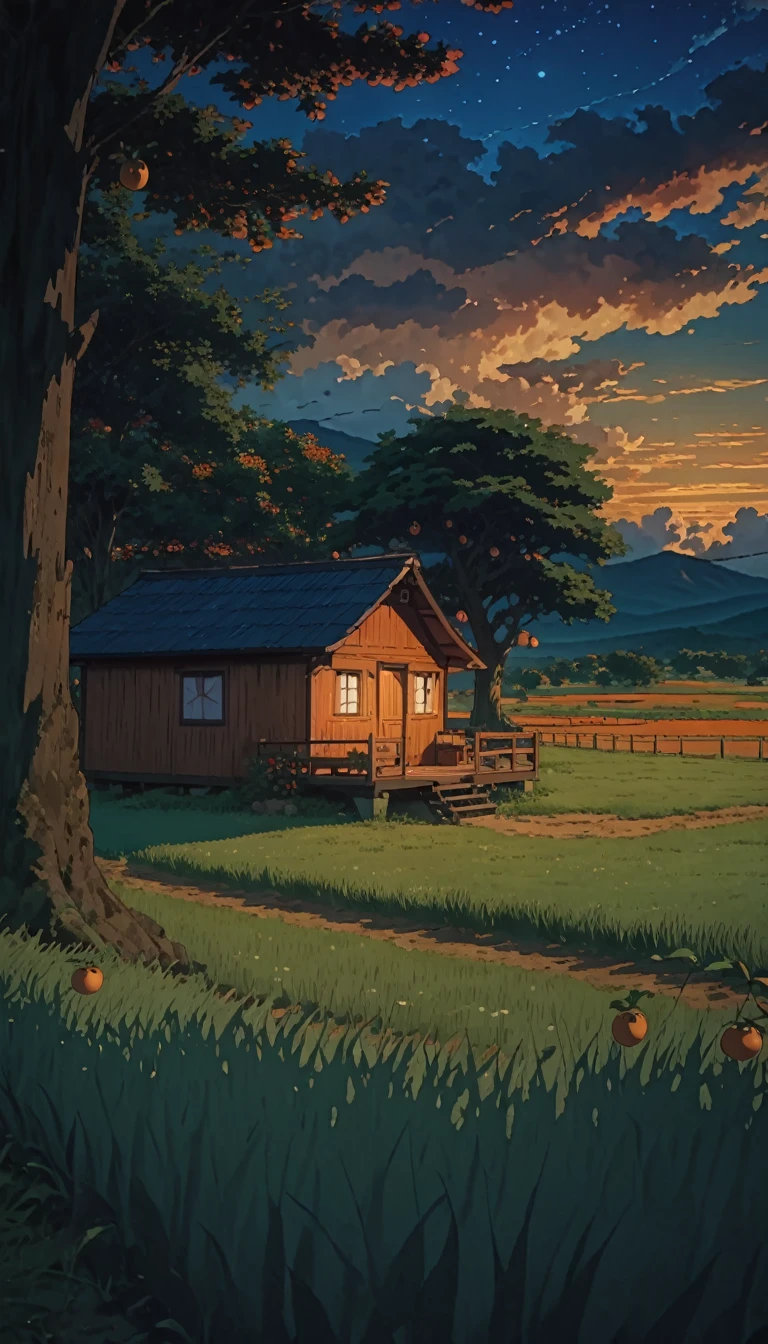 Masterpiece 8k Studio ghibli cozy cabinMasterpiece 8k Studio ghibli cozy cabin in the distance, in the middle of a field under a tree with orange fruits. A serene landscape of a grass field under a serene sky with blue clouds. shadow, serene night natural light lighting!!!!! 8khdr!!!!