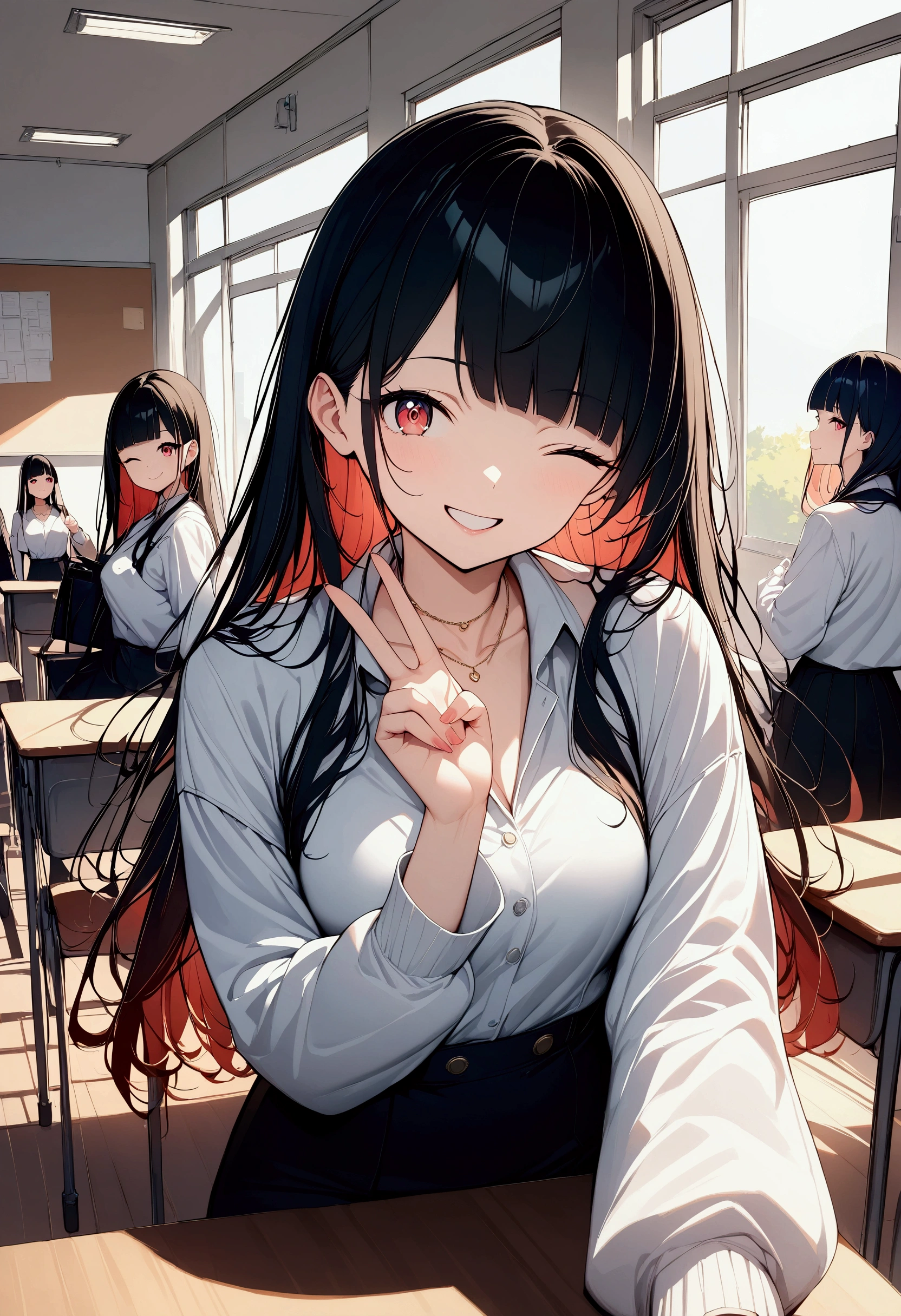 (((anime))) A woman with one eye closed,Gal,Long Hair,(Black Hair),Diagonal bangs,necklace,smile,Showing teeth,Red eyes,Big eyes,uniform,Volume sleeve,peace sign,classroom,sunlight,masterpiece,Highest quality,Exquisite,8k,Absurd,Ultra-fine illustrations,(View your viewers)