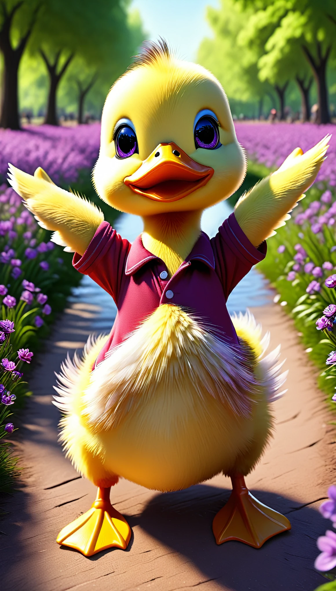 cute duck, arms, hands ,cute eyes, looking at viewer, arms up, purple flowers, red shirt, park, 4k, detailed