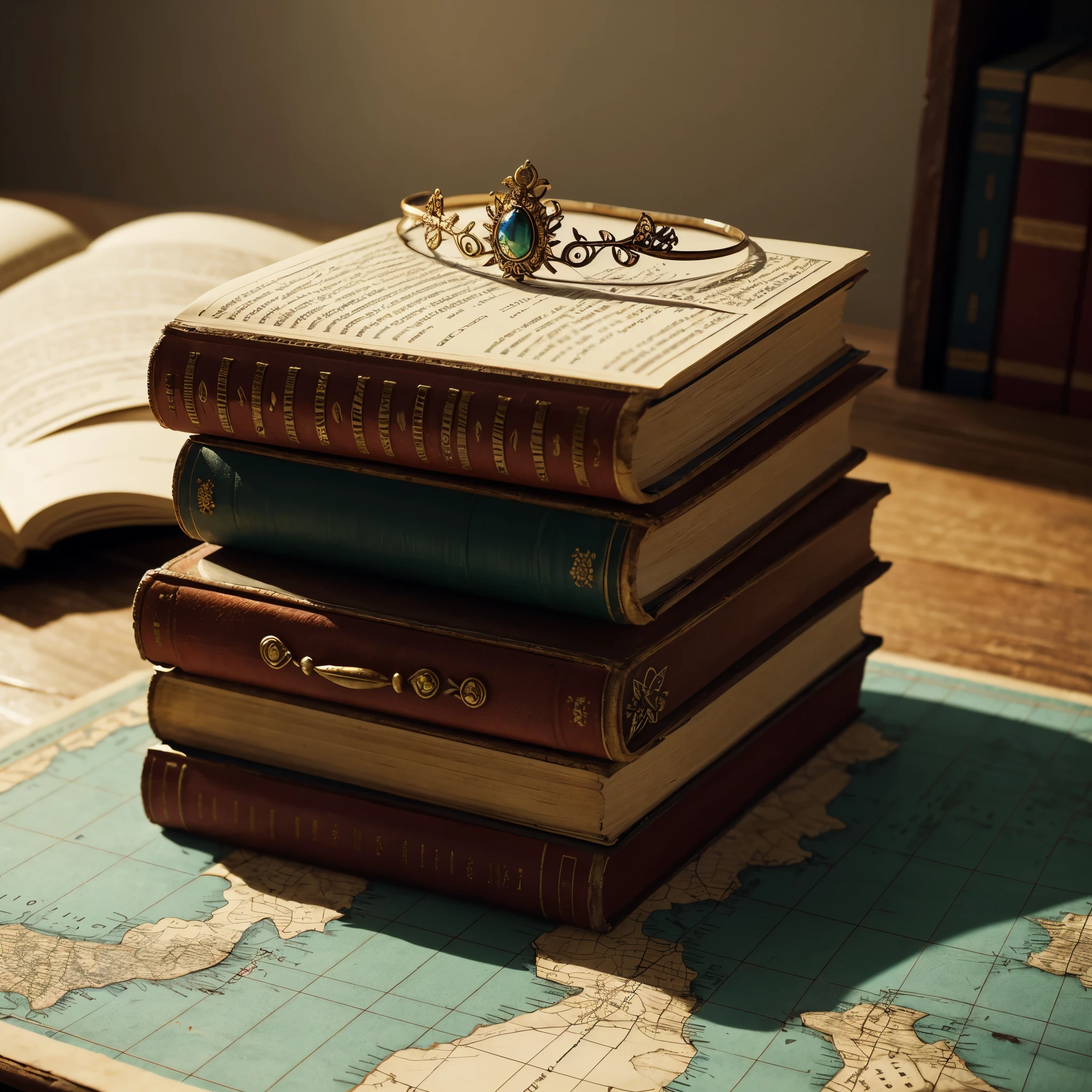 still life photography, macro photography, intricate circlet, tiara, maang tikka, sharp focus, on top of worn map, on tables, books, relics, rembrandt lighting, dramatic light, cool color tone grading, cinematic, high quality,
