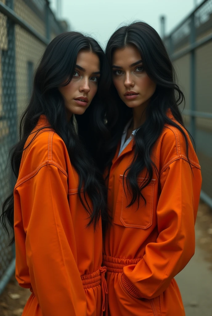 beautiful Instagram model, (long black hair:1.2), with her friend, orange prison jumpsuit, prison yard, realistic, photorealistic, 4k, high quality, detailed, dramatic lighting, cinematic, fashion photography, editorial, dramatic pose, looking at camera