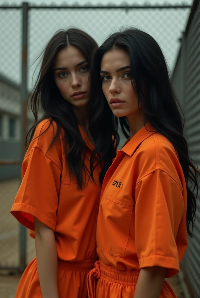beautiful Instagram model, (long black hair:1.2), with her friend, orange prison jumpsuit, prison yard, realistic, photorealistic, 4k, high quality, detailed, dramatic lighting, cinematic, fashion photography, editorial, dramatic pose, looking at camera