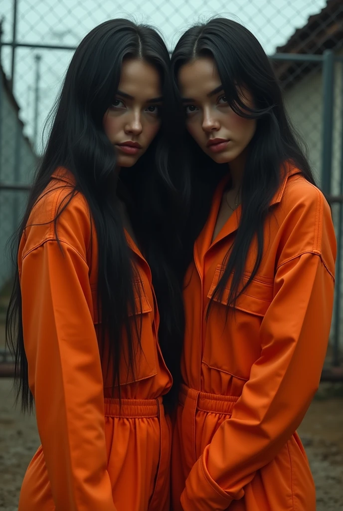 beautiful Instagram model, (long black hair:1.2), with her friend, orange prison jumpsuit, prison yard, realistic, photorealistic, 4k, high quality, detailed, dramatic lighting, cinematic, fashion photography, editorial, dramatic pose, looking at camera