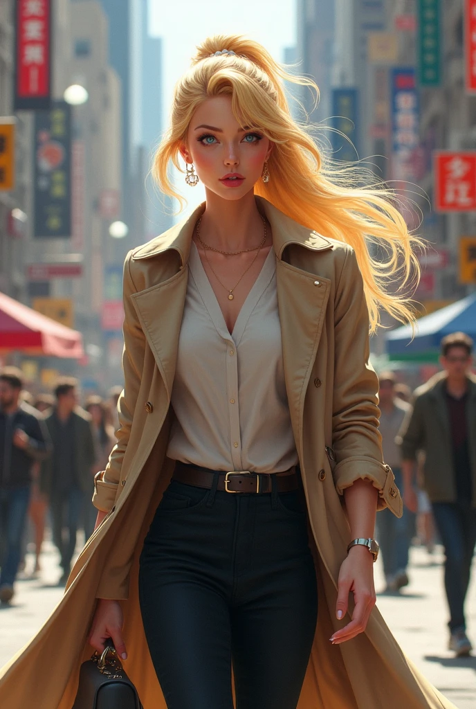 Woman with ponytail blonde hair in trench coat in public