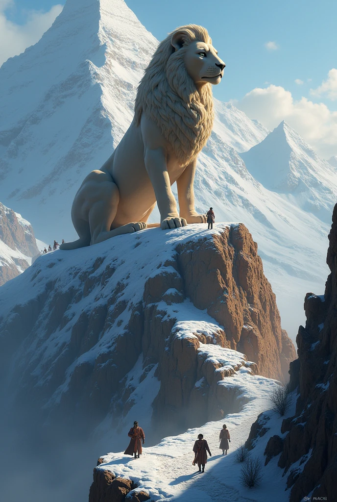Create an illustration that would be about a sphinx on a mountain while watching the people wanting to follow the path