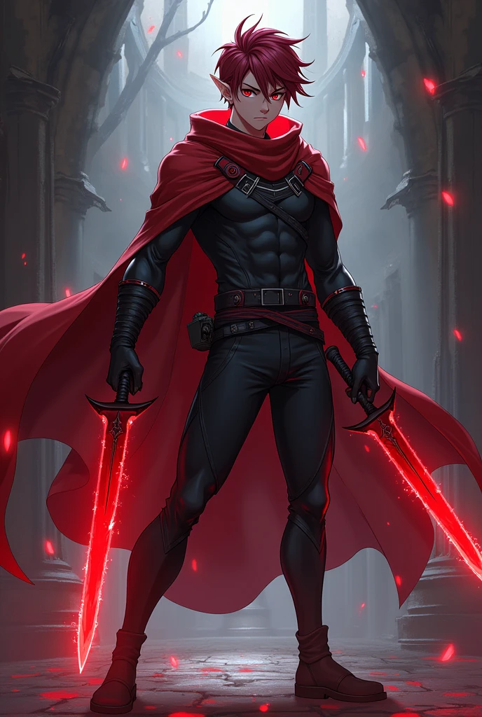 Generate an anime-style character with shadow powers, Youngh, naughty man, wears a cape and a dagger with a red aura, dark eyes, has a physique with shape, He has , and he is Half-Elf, Human Elf, with small elf ears, with red highlights in her hair, male character, with a male medieval clothing style, He has o poder das sombras( show this), he can summon shadows(show this), shadow