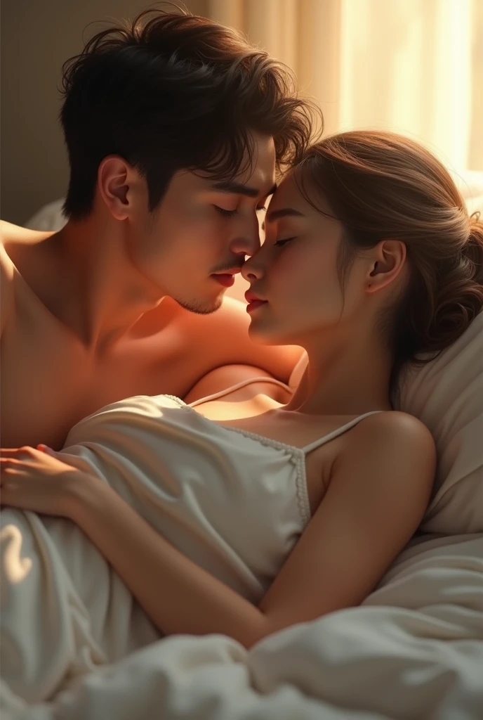 A girl and boy kissing in her lips when she woke up from sleep 