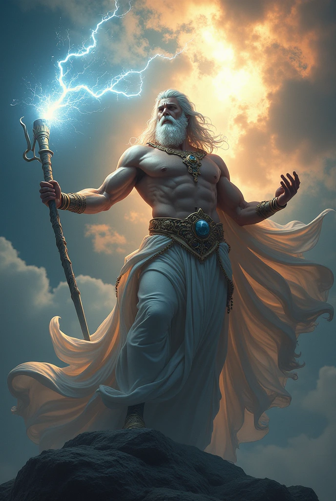 Generate an image of zeus in the sky, holding a lightning bolt