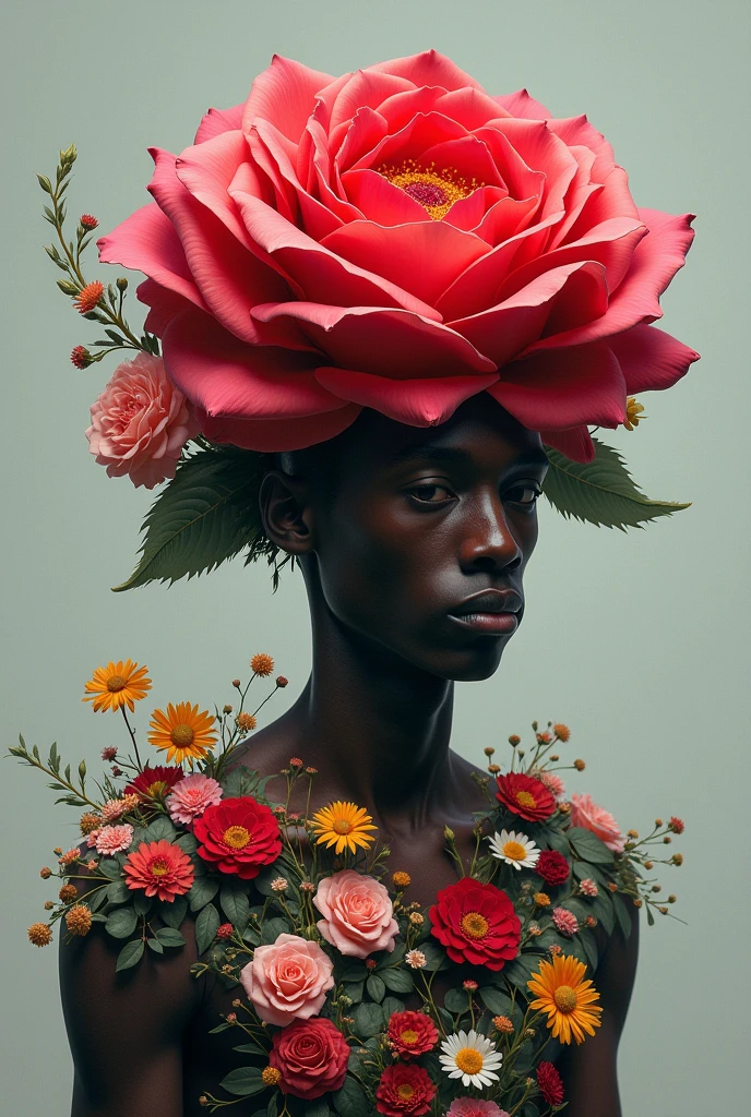 A thin black man with his body covered in flowers. In place of a head a giant rose
