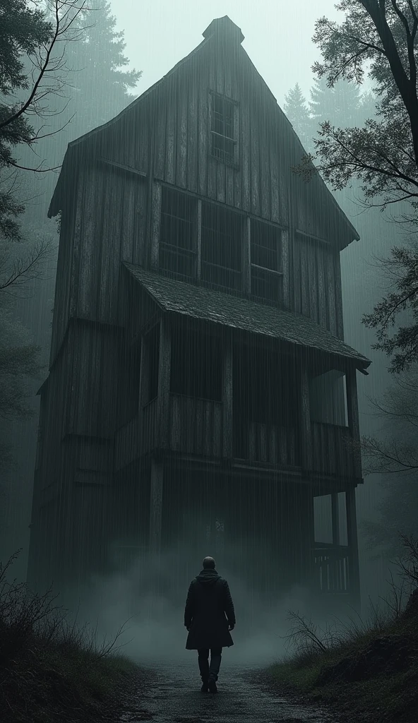Man standing in front of a large abandoned wooden house in the woods at midnight and raining
