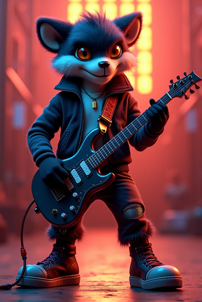 Create a mascot with a music theme. Make him hold a guitar, make his physique cute and attractive, iconic with dark colors.make him more cool