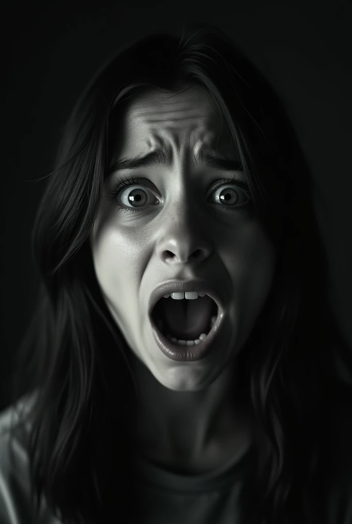 A terrified teenage girl in black and white from close up