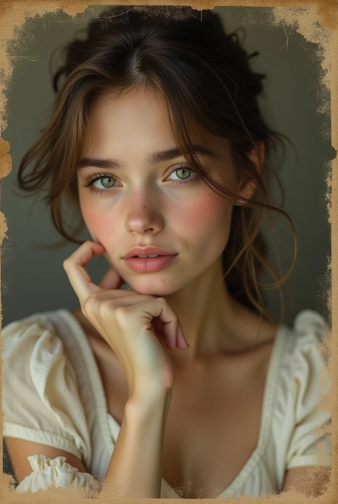 Close up of a young woman's face, Posing on a piece of paper with hand under chin, realistic old photographgraph, realistic old photograph, grainy damOutdated photos, On old paper, Outdated photos, old photograph, damOutdated photos, very old photograph, old photograph, Post-Grunge Portrait, Inspired by Anna Füssli, old photographgraphy, Looks like Ebru Sahin, Restore.Cabaret Club