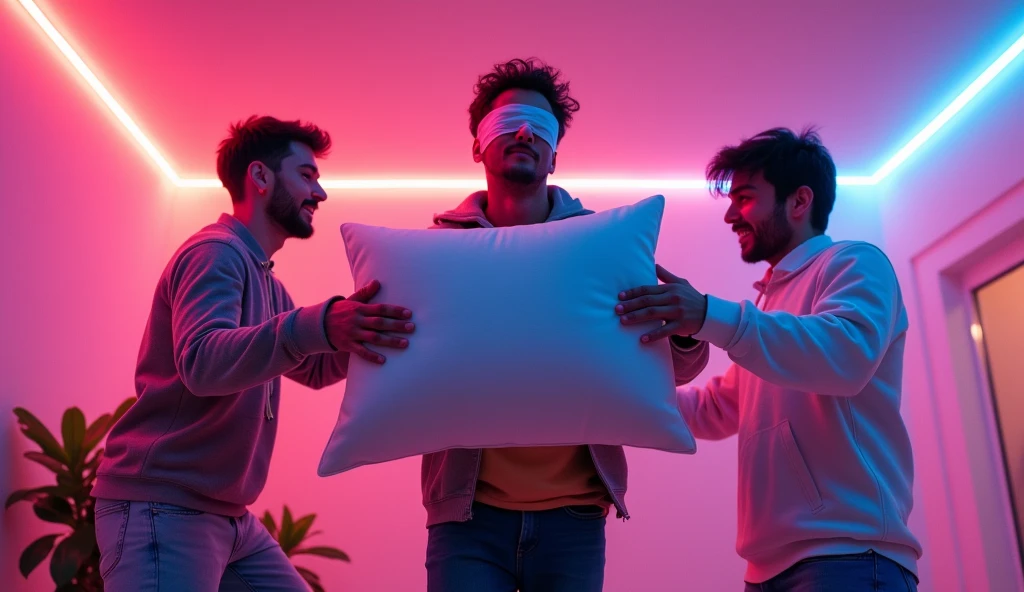 Three guys playing a game in neon room one guy with closed eye with cloth and pillow in his hand he will catch the another two guys. Pillow fight but only one pillow