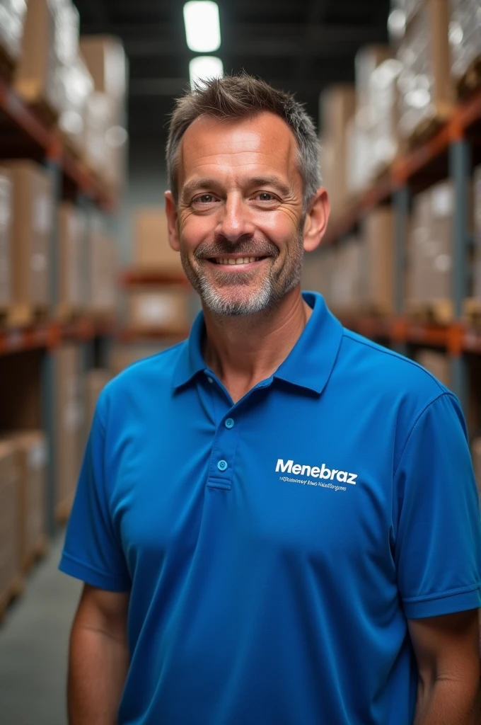 name: John Anderson
Cargo: Logistics Manager at Menebraz Company: Menebraz Location: Logistics center wearing a blue polo shirt with the name menebraz