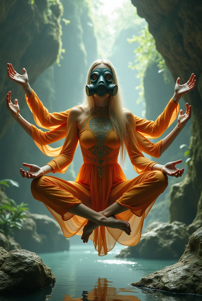 woman dressed in orange leotard and gas mask with 6 arms meditating and floating in nature temple