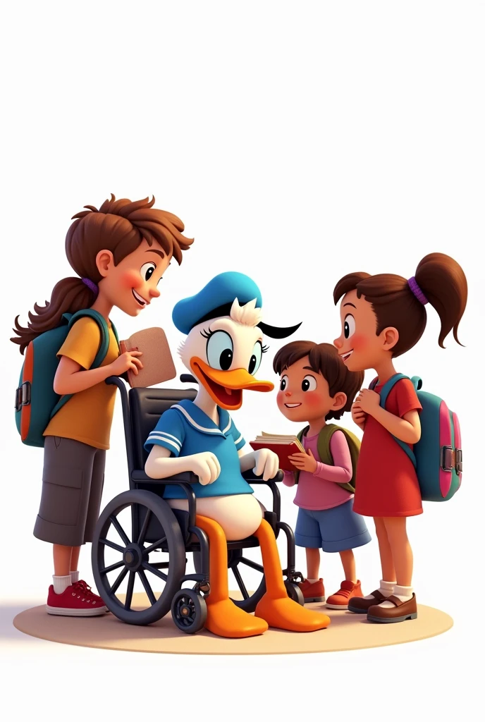 draw for me DAISY DONALD Disney in a wheelchair with children feeling included among them books backpacks Disney Pixar style with white background full image without cutting any character