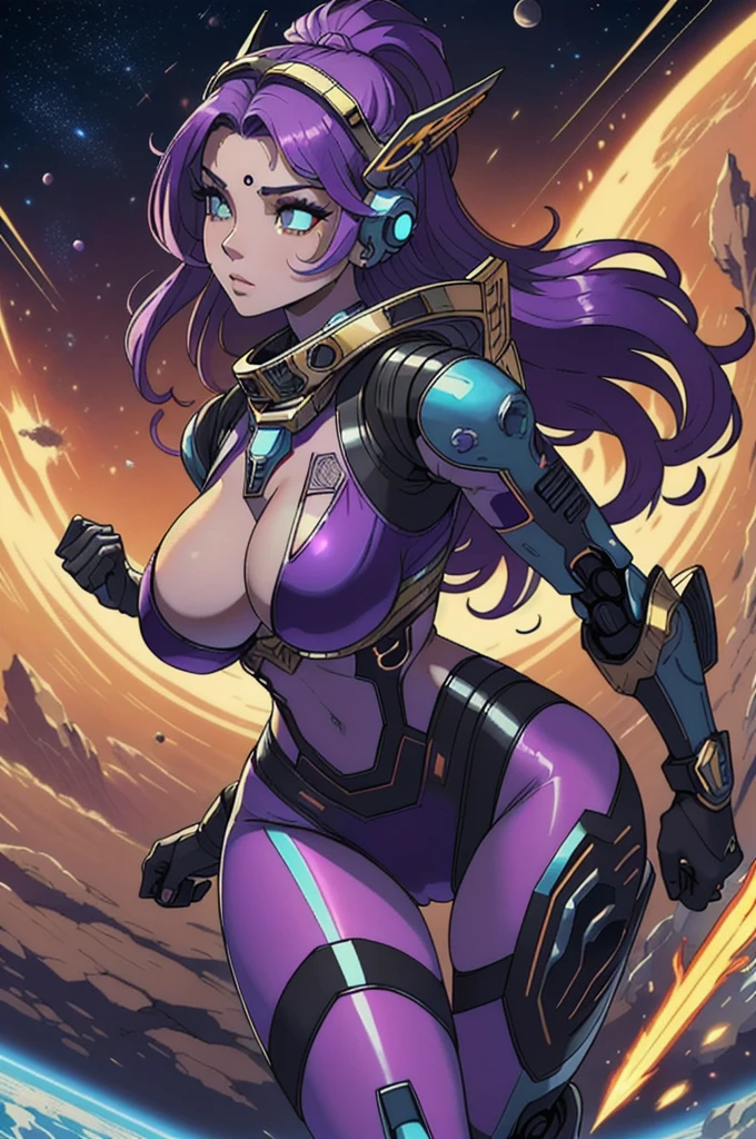 beautiful and divine queen masterpiece, top quality, best quality, official art, afro queen warrior very beautifully and gorgeous, super sexy "Athena beauty warrior goddess" and aesthetic:1.2), (1ebony intense super erotic girl in action), (fractal art:1.2), absurder's, high-res, ultra detailed, Ultra-precise depiction, Ultra-detailed depiction, solo, (zentangle:1.2), red eyes, floating purple hair (skinny, thin body: 1.2), tanned skin, shiny skin, with very thin waist, big and very swollen pussy, enormous super extra big ass, enormous super extra big tits, (abstract:1.2),cbpkv5, pantyhose,looking at viewer, full best body, super sensual cyberpunk astronaut robot, complex muscular robot, halo, in a mystery, dangerous and savage planet in a sci-fi very intense combat in space battle, striking carrying and lifting a spear voluptuous and super seductive warrior goddess with classic neo retro cyber Spartan War Helm
