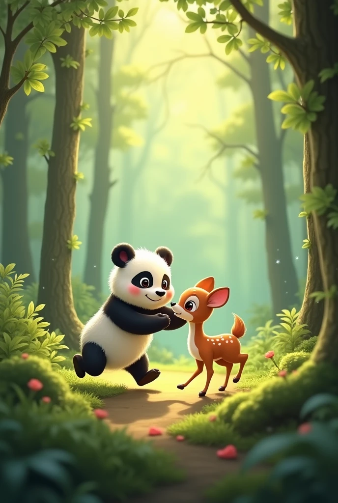 Make Cute Animals A Panda And A Mouse Deer Playing In A Forest