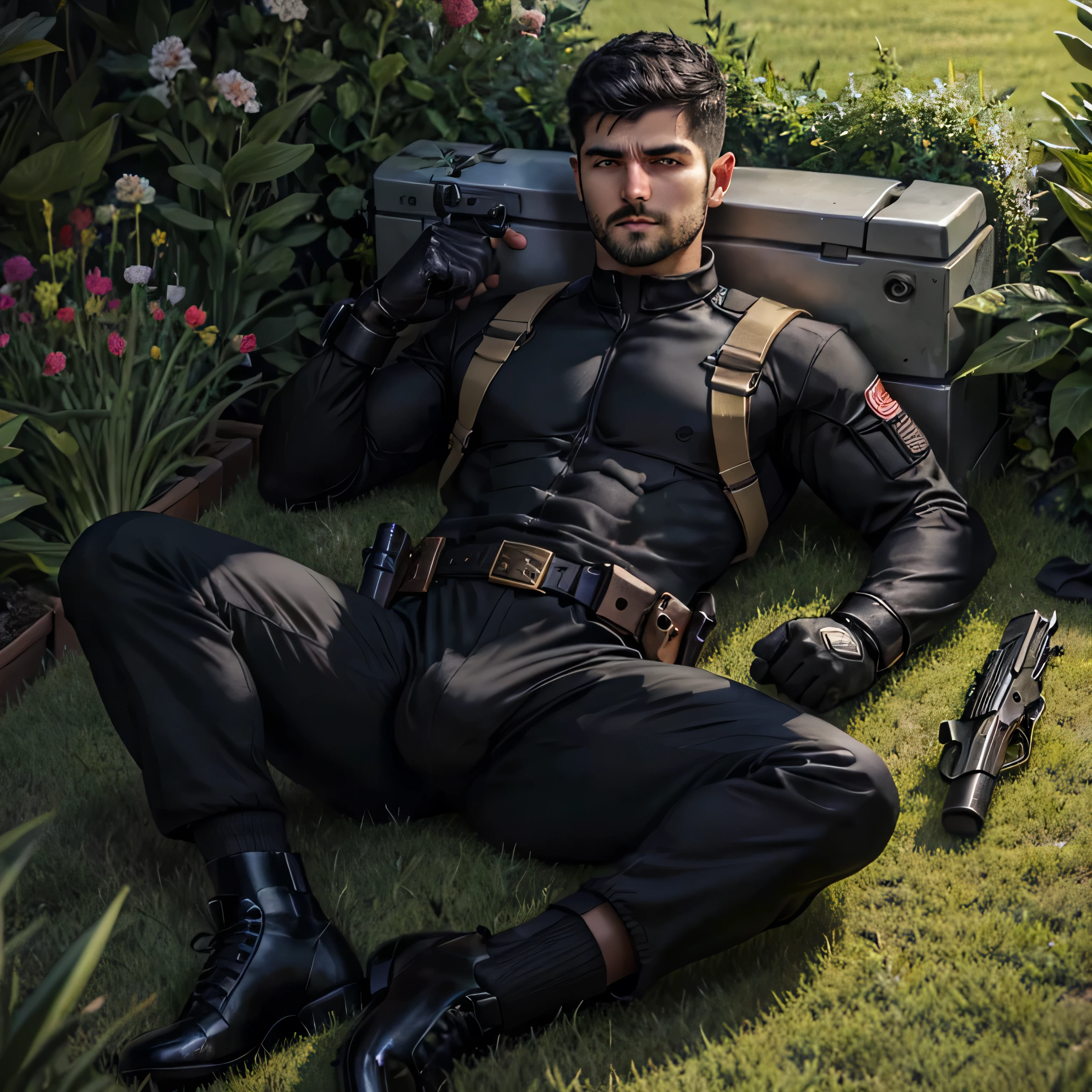 2,One Man,、Black bodysuit、Shocker Belt、Black gloves、With a handgun on his hip、garden、On the grass、logic, ,Black Hair、Very short hair、Handsome Fighter　Stubble　Iraqi face　Stubble　　Lie on your back with your legs open、Black socks