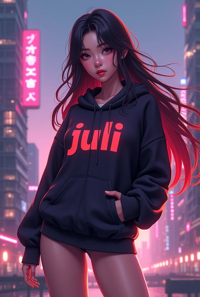 Create anime character;
{background: capital HD text: “GLBK” in center-top, sea}, tanned skin,
realistic, HDR, beautiful, korean style, full body, age 20, hoodie HD text: “JULI”, female, gradient hair, long hair, big boobs size