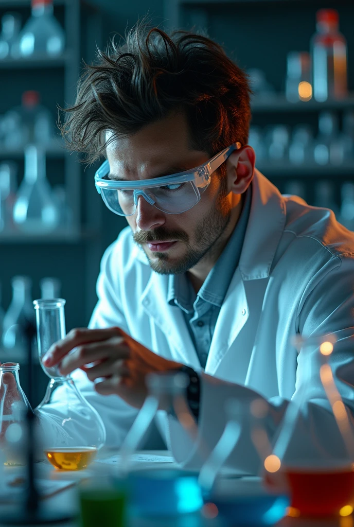a scientist, laboratory, science equipment, test tubes, beakers, microscope, flask, lab coat, safety goggles, serious expression, concentrated, messy hair, detailed face, detailed hands, cinematic lighting, dramatic shadows, photorealistic, (best quality, 4k, 8k, highres, masterpiece:1.2), ultra-detailed, (realistic, photorealistic, photo-realistic:1.37), cinematic composition, dramatic atmosphere, complex background, intricate details, vibrant colors, sharp focus