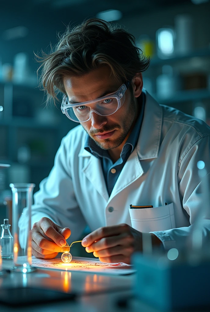 a scientist, laboratory, science equipment, test tubes, beakers, microscope, flask, lab coat, safety goggles, serious expression, concentrated, messy hair, detailed face, detailed hands, cinematic lighting, dramatic shadows, photorealistic, (best quality, 4k, 8k, highres, masterpiece:1.2), ultra-detailed, (realistic, photorealistic, photo-realistic:1.37), cinematic composition, dramatic atmosphere, complex background, intricate details, vibrant colors, sharp focus