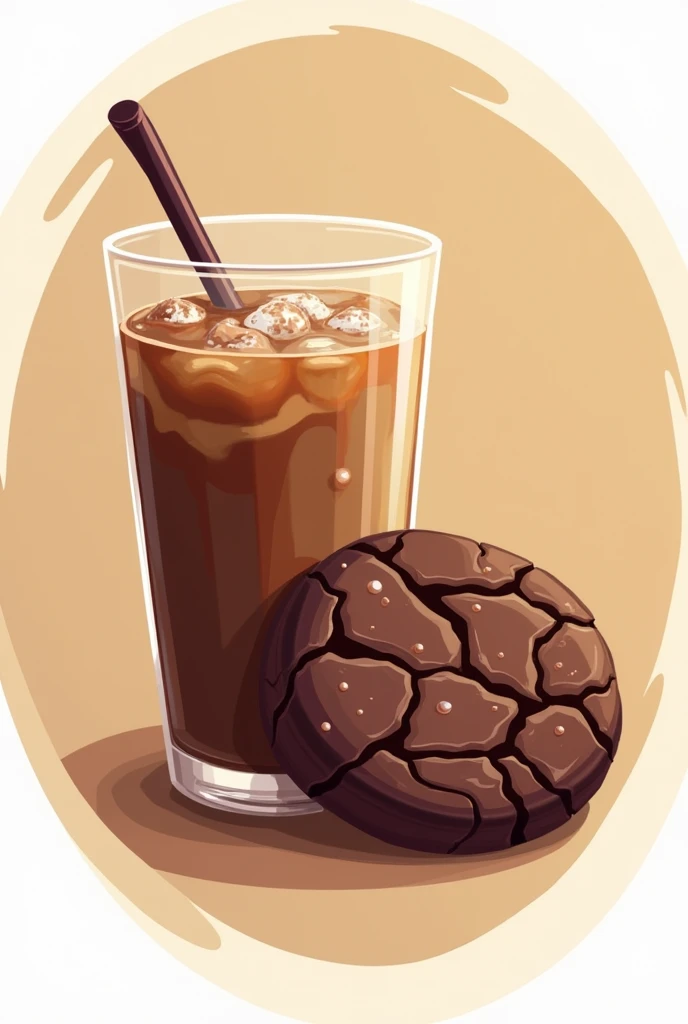 A playful and inviting logo featuring a chocolate crinkle cookie and a glass of iced coffee.
logo must be round
