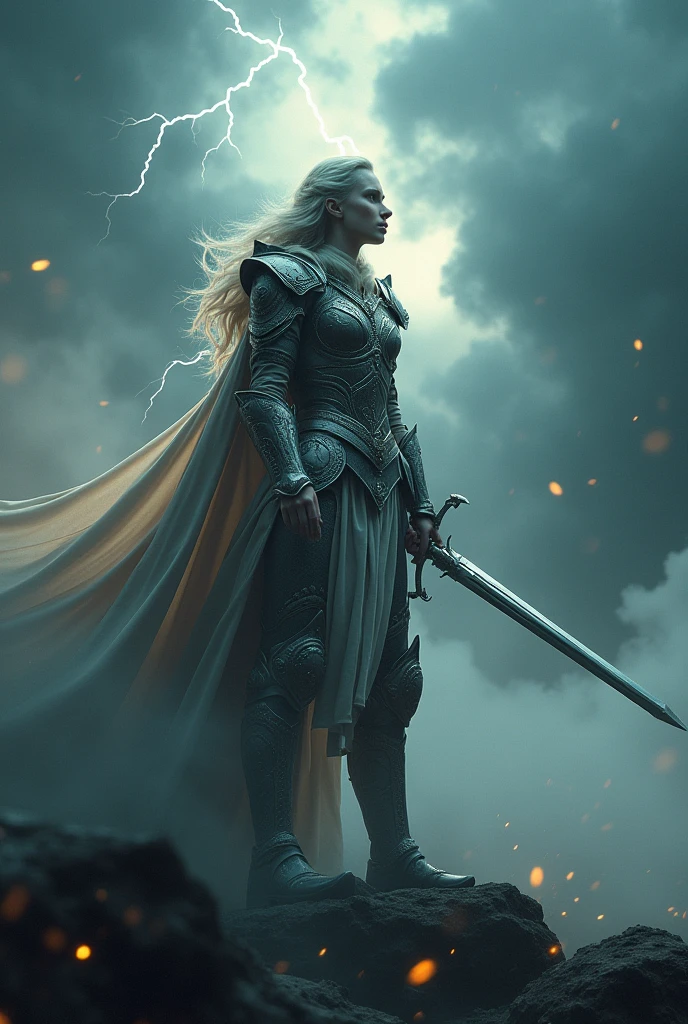 A valkyrie, goddess of war, epic battle scene, dramatic lighting, highly detailed, cinematic, dramatic, fantasy, intricate armor, flowing cape, sword in hand, majestic pose, stormy sky, lightning, dramatic clouds, rugged terrain, mist, volumetric lighting, masterpiece, award winning, 8k, photorealistic, chiaroscuro lighting, dramatic colors, moody atmosphere