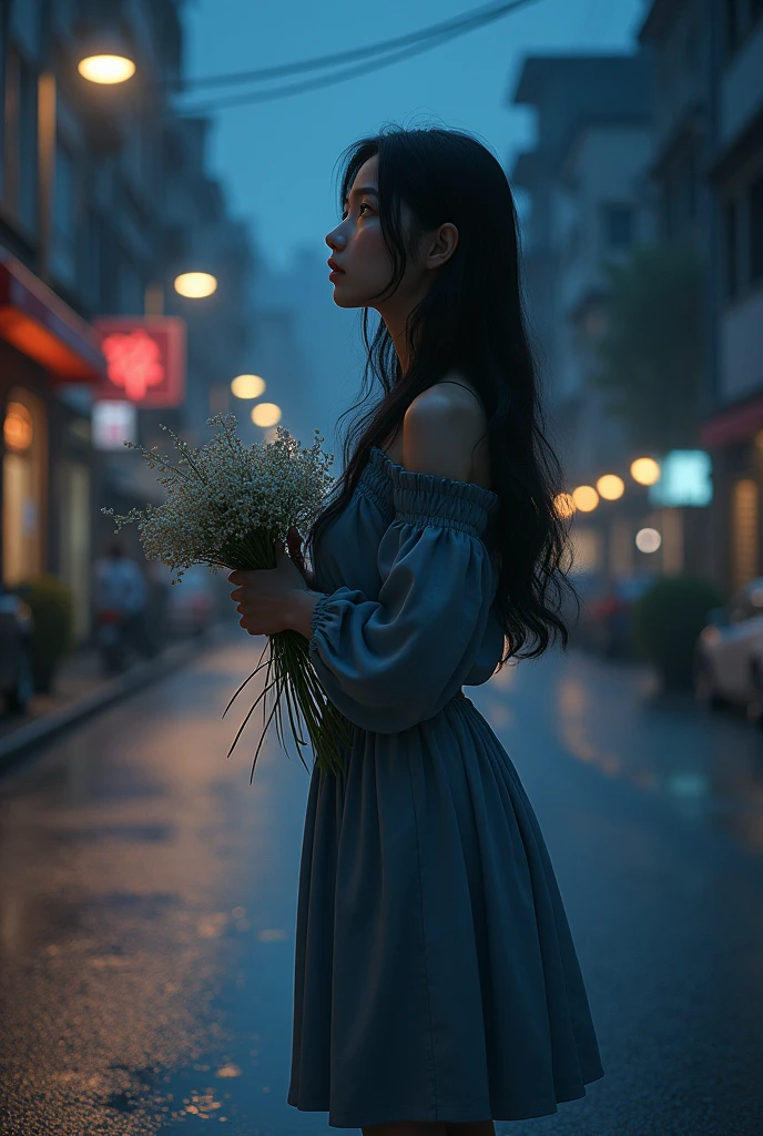 girl、Clear look、night、Black Hair、Long hair on the street、Looking up at the sky、Wet road surface、Looking back in the city、Holding flowers