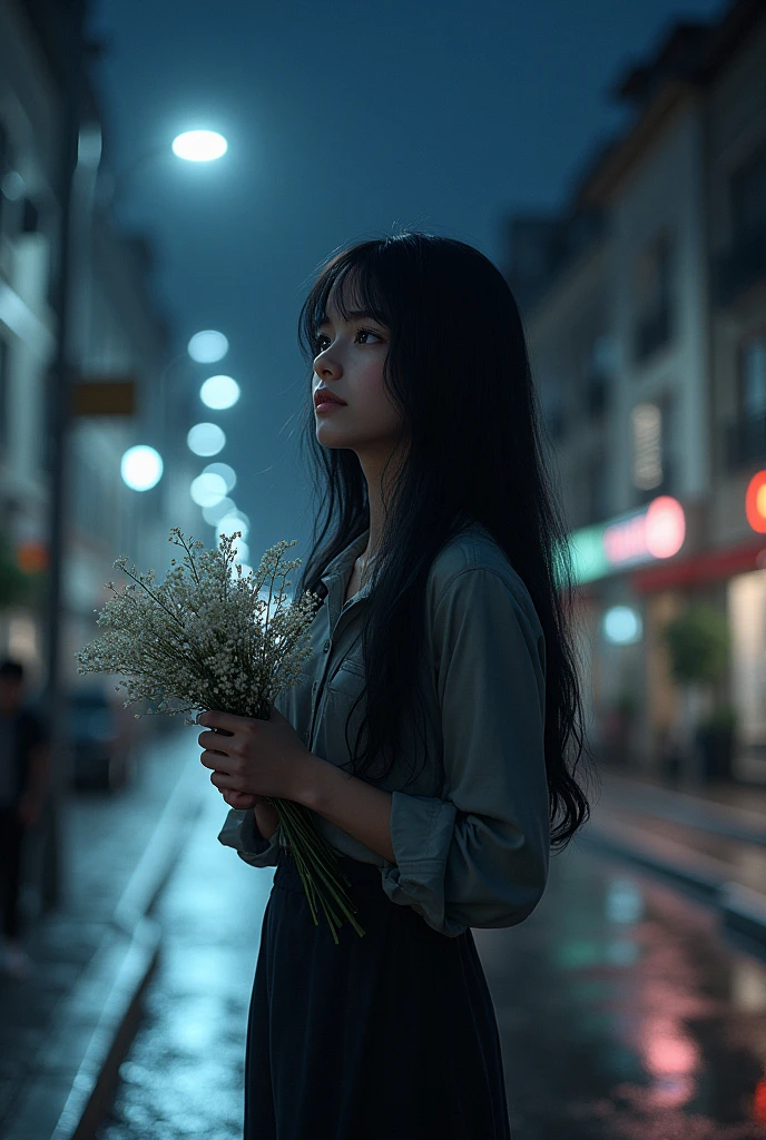 girl、Clear look、night、Black Hair、Long hair on the street、Looking up at the sky、Wet road surface、Looking back in the city、Holding flowers